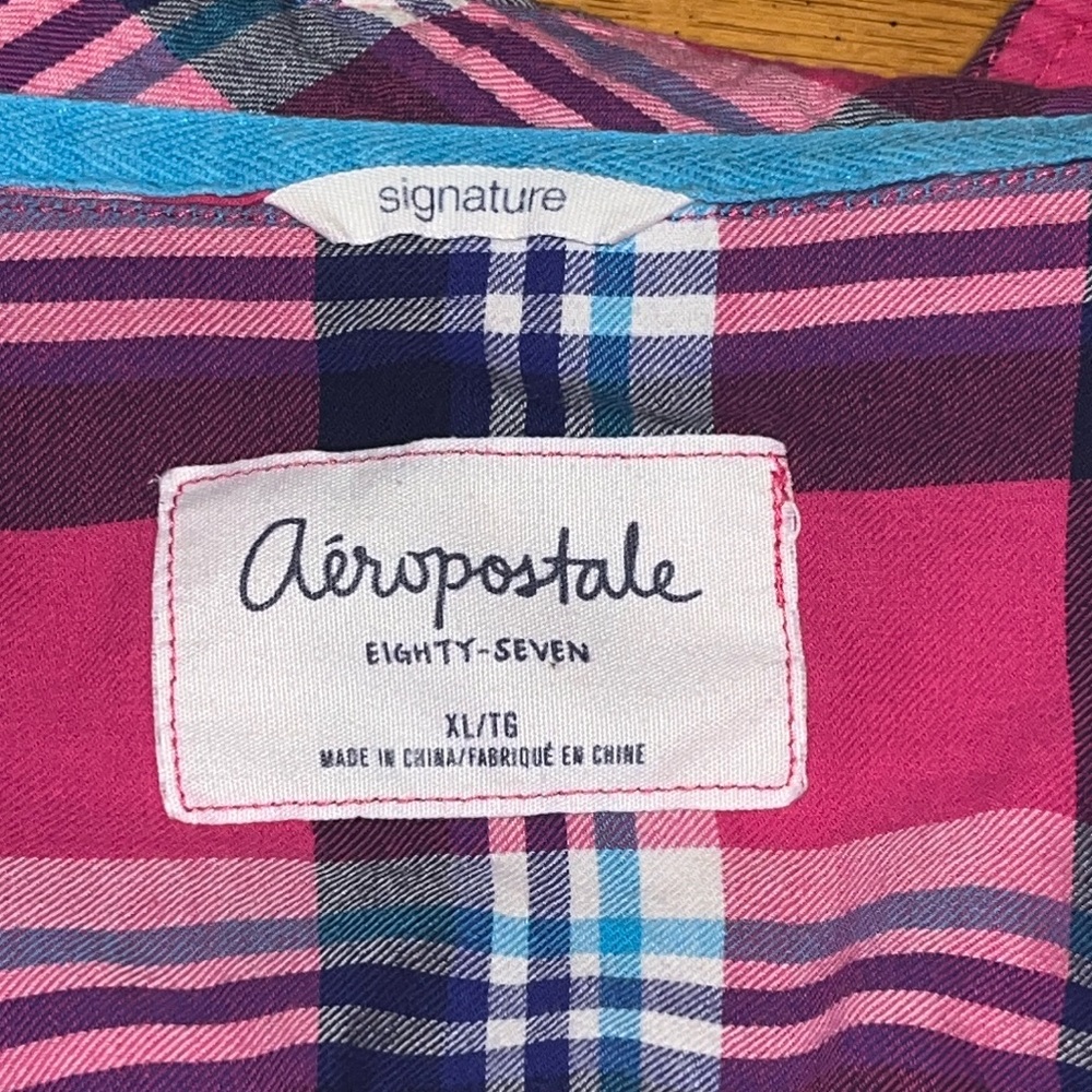 Aeropostale Plaid Button Down Shirt Pink Blue Womens XL - Picture 7 of 12